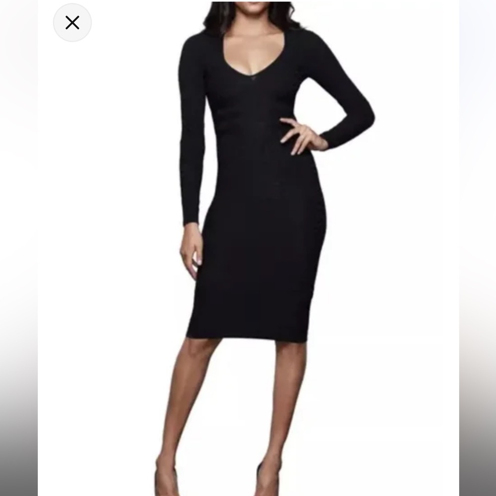 Good American Black Bodycon Midi Dress Textured Stretch Long Sleeve Size 4 (XL)